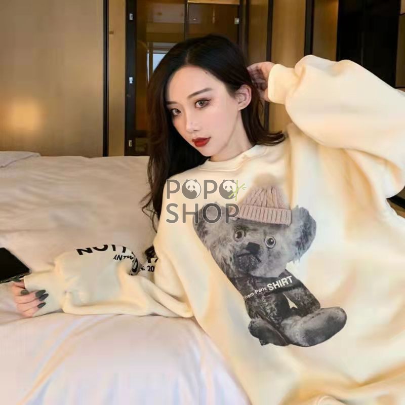 Áo Sweater Gấu Ulzzang Phong Cách Hàn Quốc Có Lót Bông Trẻ Trung