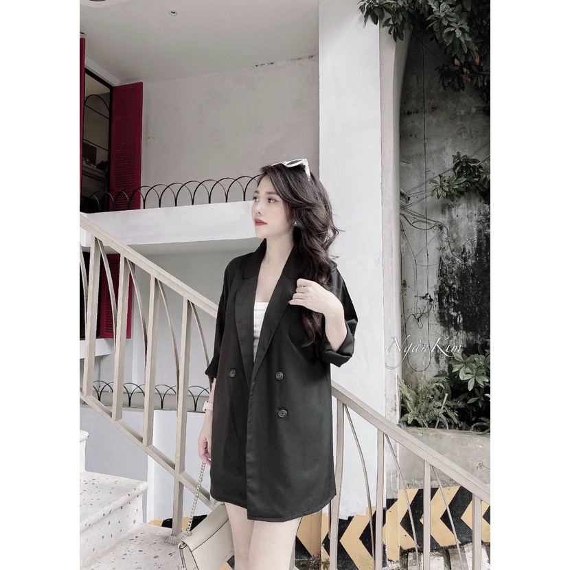Áo blazer sang chảnh màu đen trắng xanh _ Áo vest_ áo blazer nữ vải trượt vạt bầu dáng rộng | BigBuy360 - bigbuy360.vn