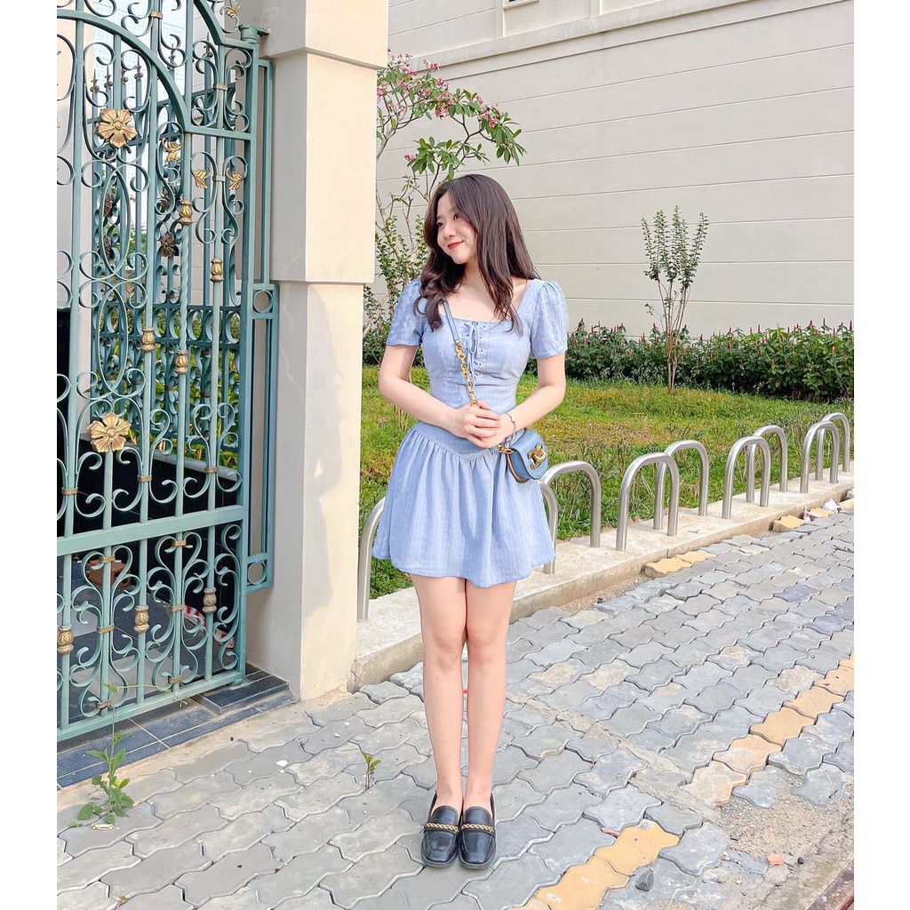 Đầm Cổ Vuông Dáng Xòe Ngắn Ngực Thắt Dây HT28 HaLuu Store Phong Cách Hàn Quốc