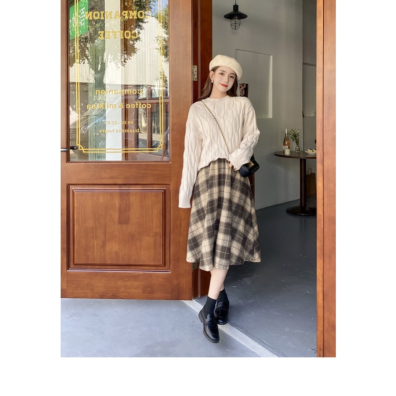 Chân váy nữ kẻ caro dáng xoè dài qua gối chất dạ dày 2 lớp thu đông 2022