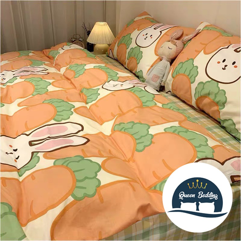 Bộ Chăn Ga Gối Cotton Poly Thỏ Cà Rốt Đáng Yêu - Set 4 Món Đủ Size