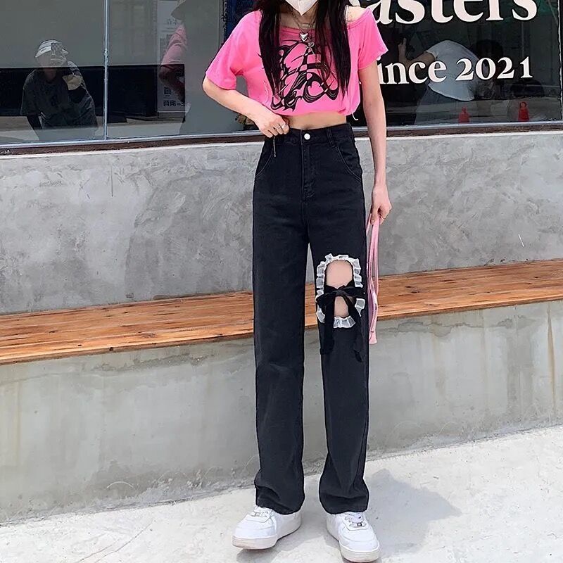 Quần jean dài ống rộng phối ren thiết kế mỏng thời trang hè phong cách Hàn Quốc cho nữ