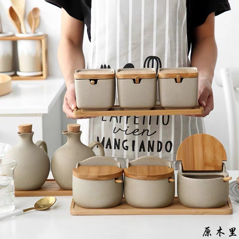 Set hũ đựng gia vị gốm nắp gỗ - Bắc Âu
