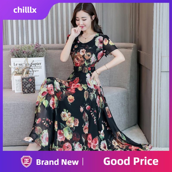 Đầm Tay Ngắn Cổ Tròn In Họa Tiết Hoa Thời Trang Thoải Mái Cho Nữ