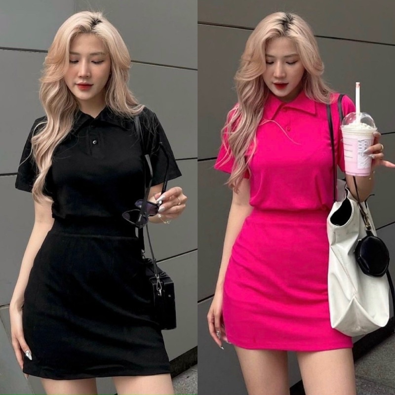 .Set ôm body áo thun polo có cổ +chân váy ngắn đen hồng cánh sen thời trang teen hot girl năng động thể thao dễ thương M