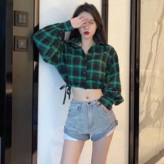 [FREESHIP EXTRA] Áo croptop sơ mi nữ caro dài tay (Ảnh thật)
