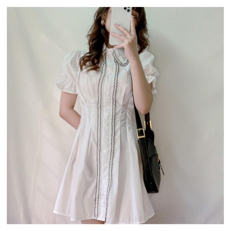 [Pure Dress] Váy trắng liền thân viền đen tay bo cổ Đức Đẹp ⚡