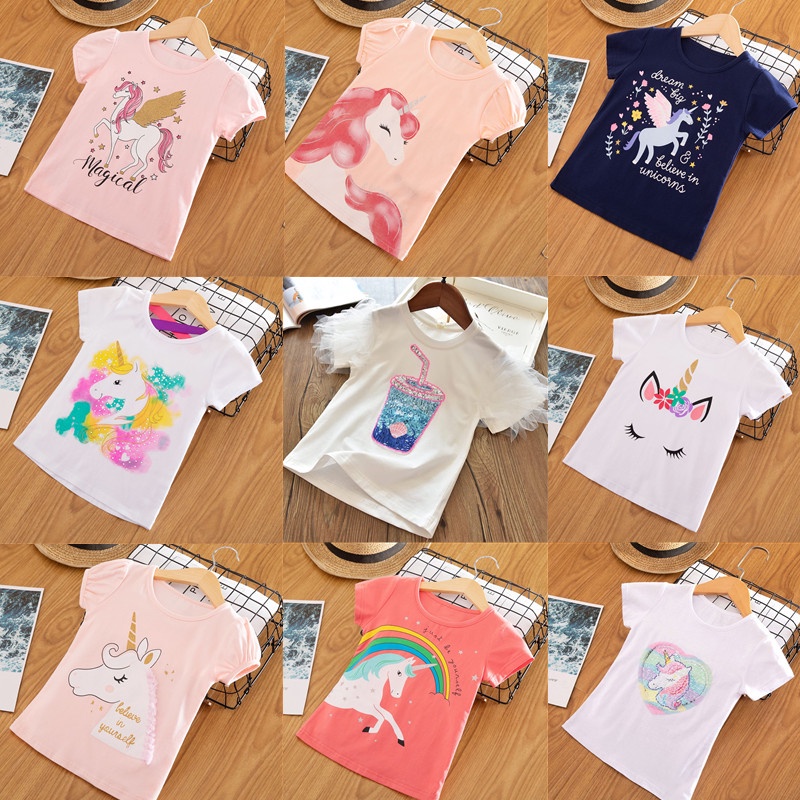 Áo Thun Cotton Tay Ngắn In Hình Kỳ Lân Dành Cho Bé Gái 3-8 Tuổi