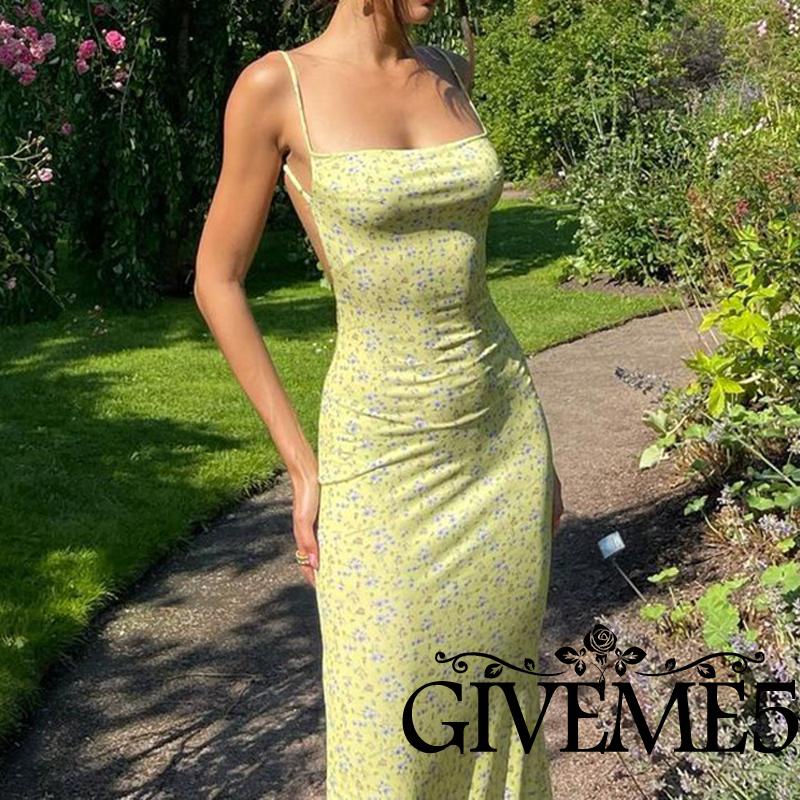 Đầm Dài Hai Dây Ôm Dáng Hở Lưng In Họa Tiết Hoa Dành Cho Nữ