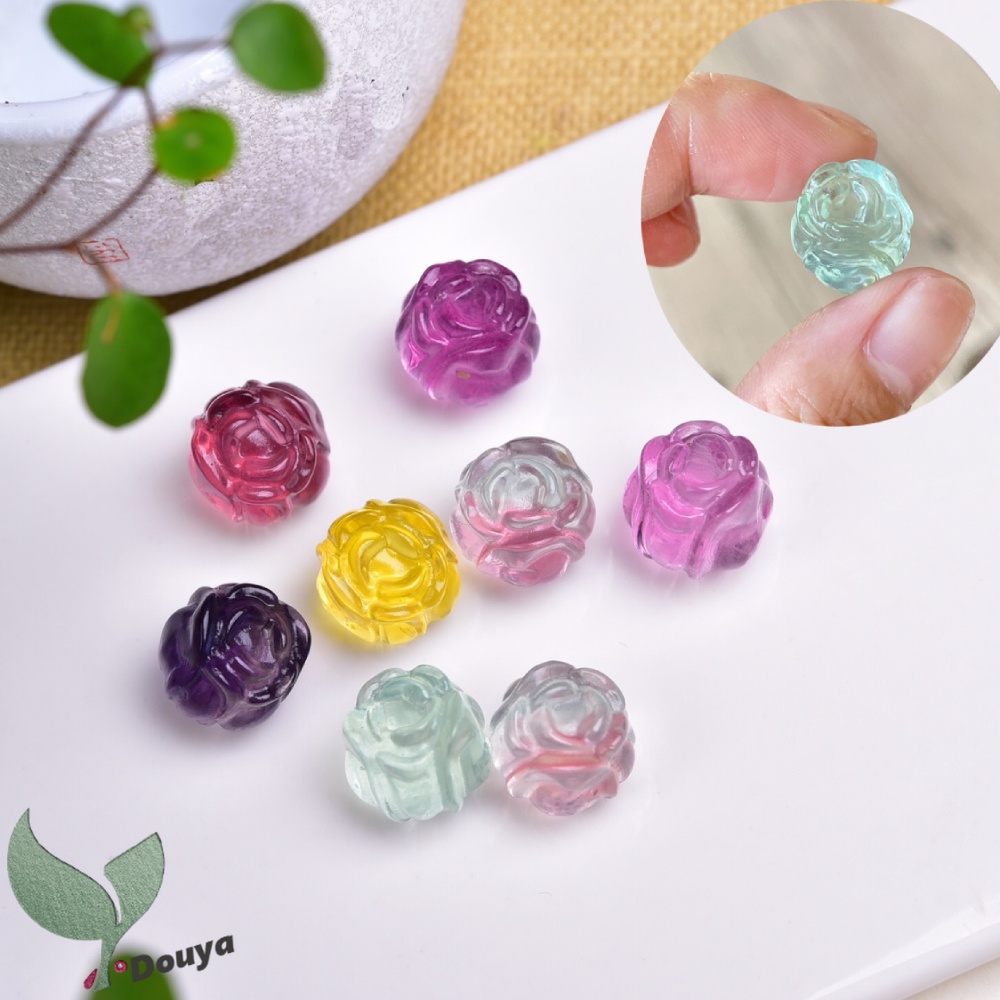 1 Chuỗi Hạt Đá Fluorite Tự Nhiên Màu Xanh Lá / Tím / Hoa Hồng Chạm Khắc Thủ Công