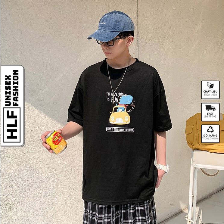 Áo thun tay lỡ form rộng ô tô khủng long chất siêu đẹp, áo phông form rộng size HLFashion