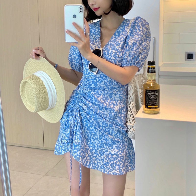 Đầm Hoa Đuôi Cá Cổ Chữ v Dáng Ôm Phối Dây Rút Xếp Ly Thời Trang Mùa Xuân Hàn Quốc Mới