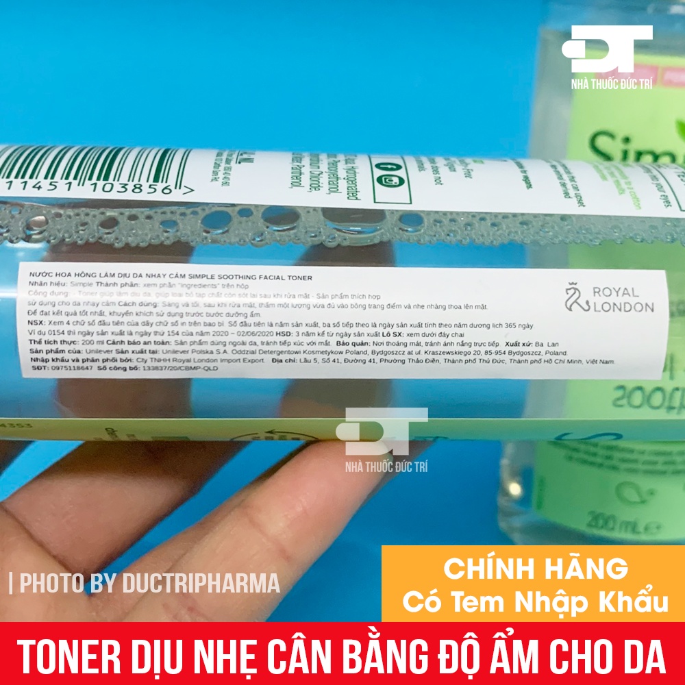 Nước hoa hồng làm dịu và cân bằng độ ẩm cho da Toner Simple Kind To Skin Soothing Facial