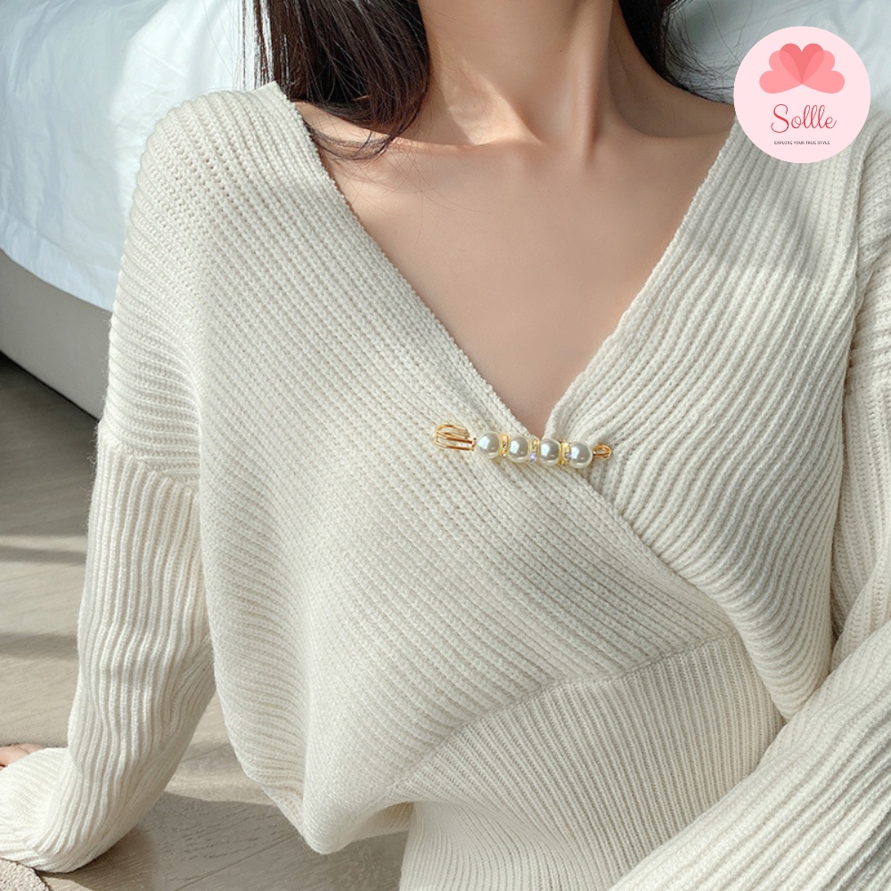 Ghim cài kim loại cố định thắt lưng quần áo đính ngọc trai nhân tạo Sollle