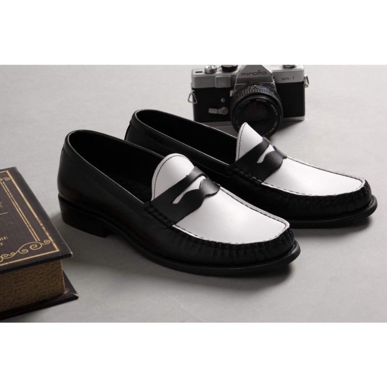 Penny Loafer Black White, giày nam da thật đế phíp cao cấp