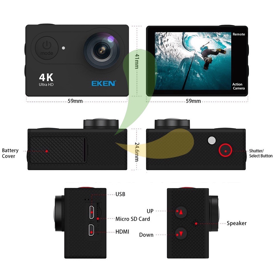 Camera Thể Thao &amp; Hành Động, Camera Hành Trình 4K Wifi Eken H9R, Camera hành trình Eken Ultra HD Wifi quay video 4K