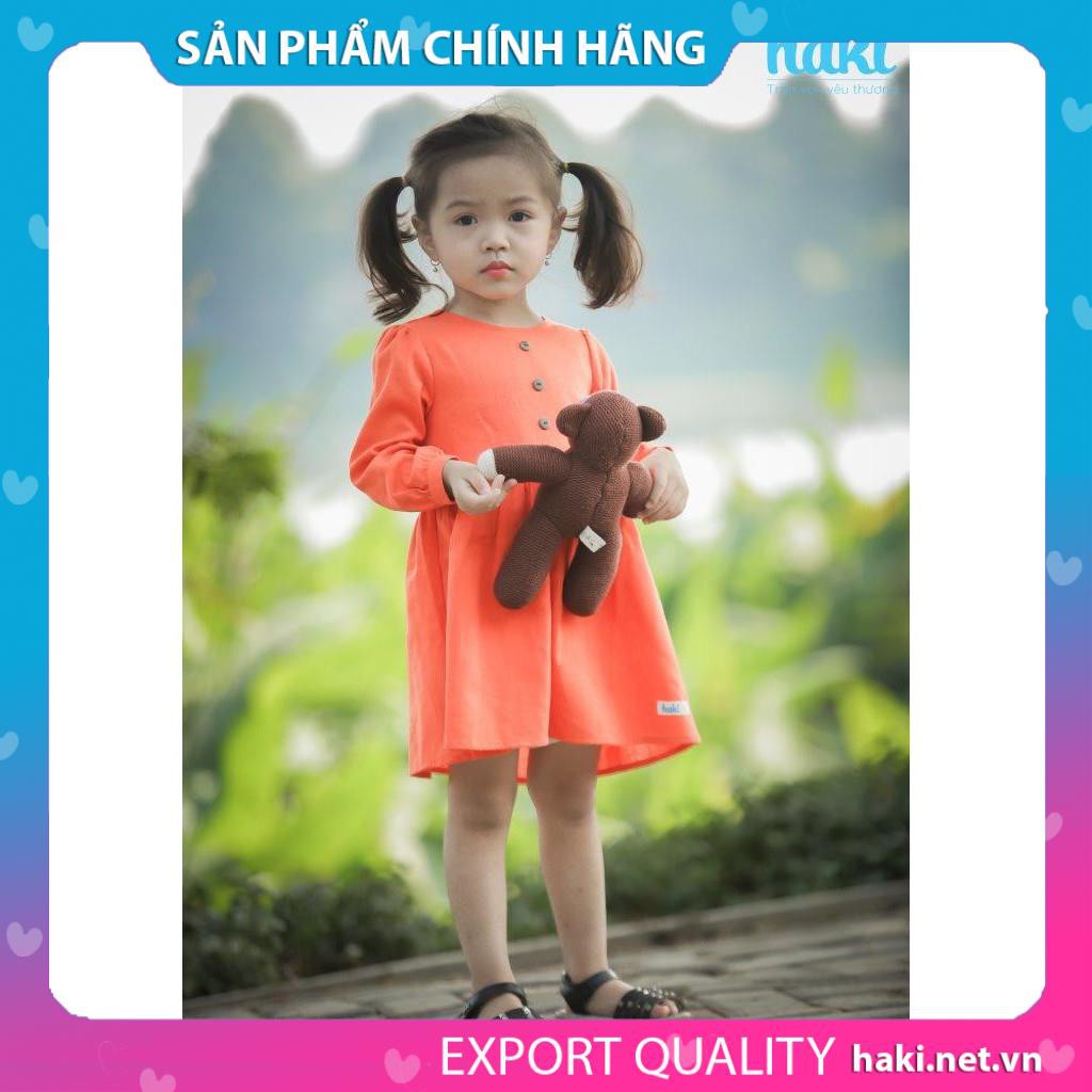 Đầm bé gái dài tay Haki, váy thu đông linen đính cúc xinh yêu HK493 (Cam)