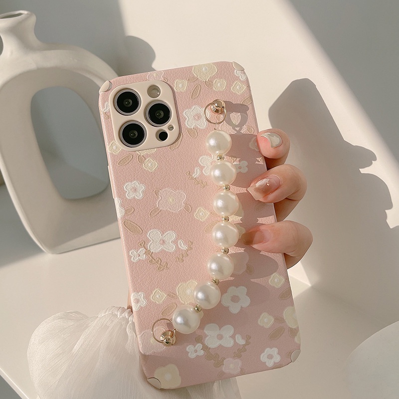 Ốp Điện Thoại Da Họa Tiết Hoa Đính Ngọc Trai Cho iphone 14 13 12mini 11 pro max x xs xr 8 7 plus