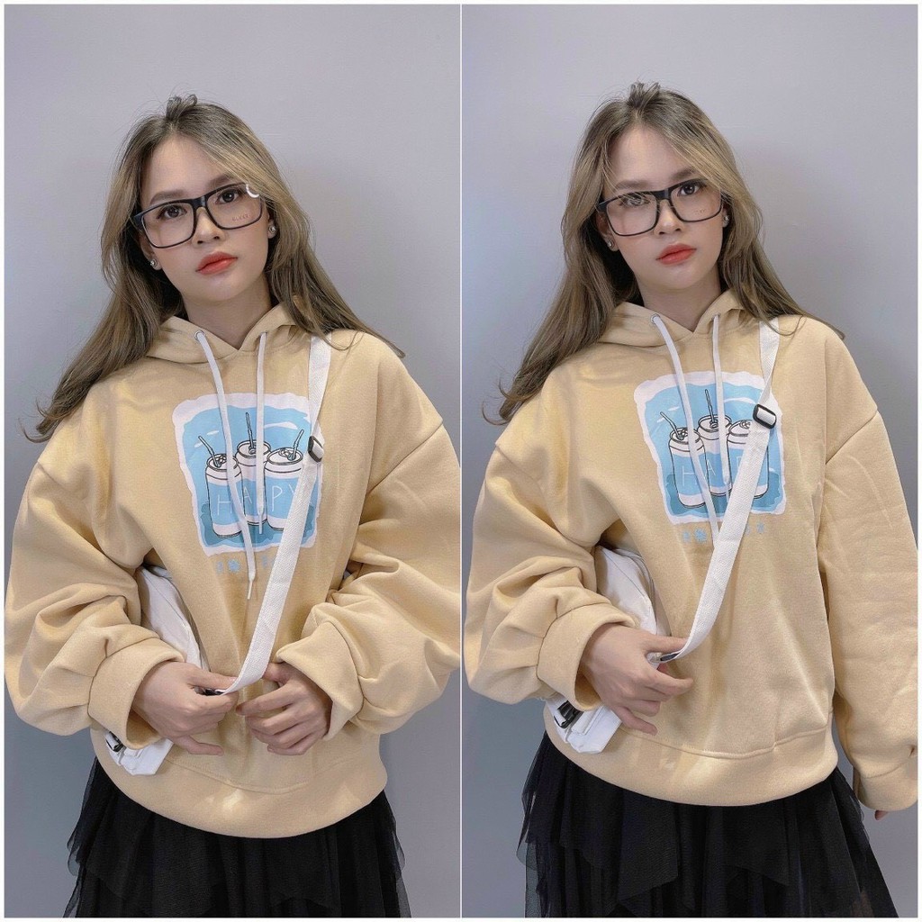 ÁO KHOÁC HOODIE CHUI ĐẦU NỈ NGOẠI NAM NỮ UNISEX FORM RỘNG 3 CHAI HAPPY ĐỦ MÀU XANH, BE CAO CẤP UTI ĐỦ SIZE M, L, XL HOT