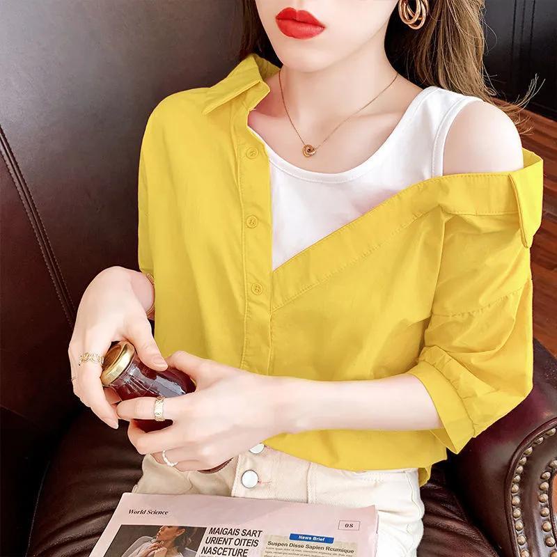 Áo Sơ Mi Giả Hai Mảnh Dáng Rộng Tay Ngắn 2022 Thời Trang Mùa Hè Dành Cho Nữ