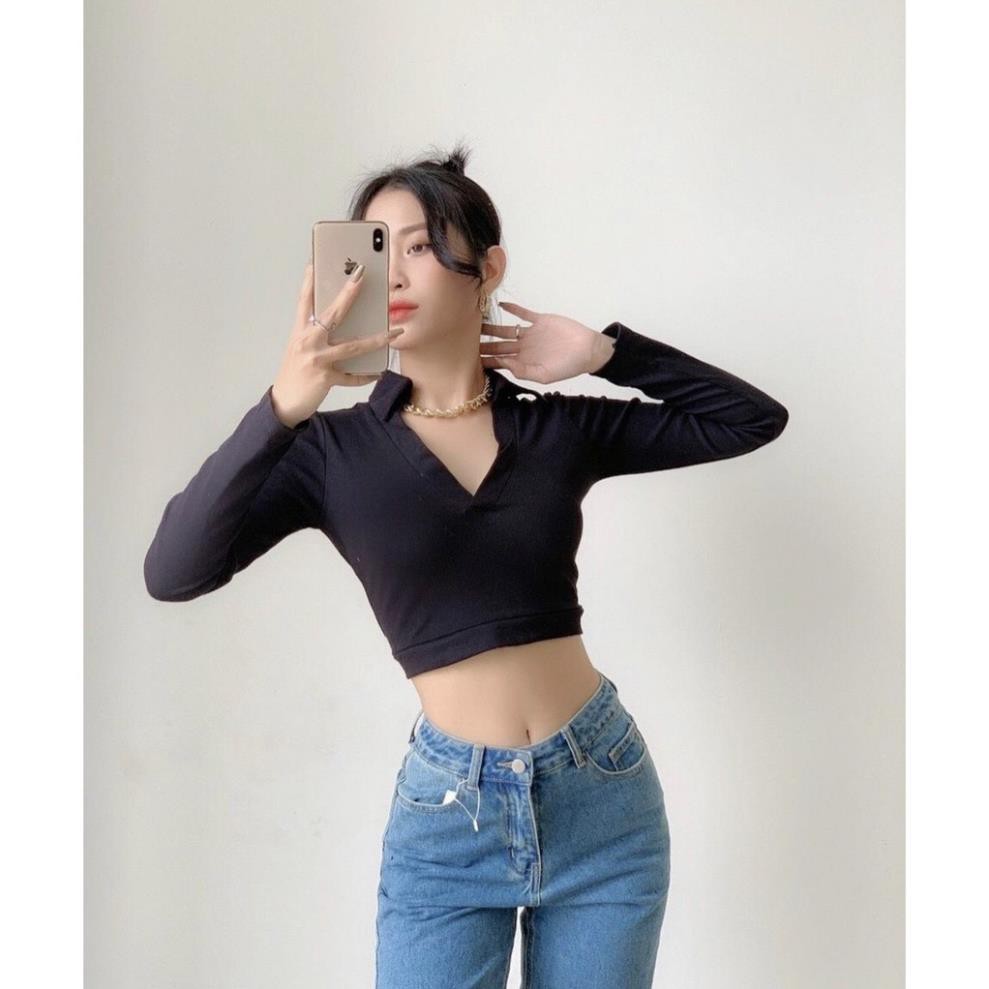 Áo Croptop Cổ V Cổ Áo Nữ Phong Cách Xẻ Tay Dài Siêu Dễ Thương ChaPi CP19