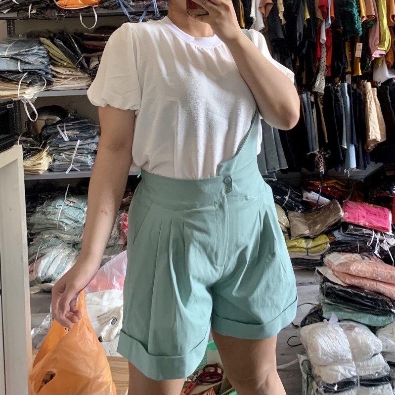 Set yếm quần nữ ngắn Kaki có giãn áo thun tay phồng bigsize MUP Bigsize YEM01