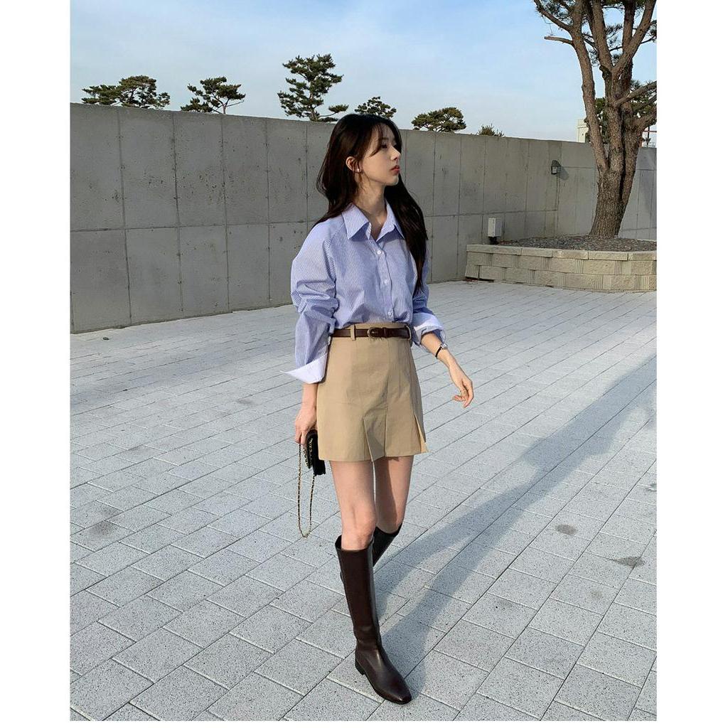 Chân Váy Xếp Ly Lưng Cao Phối Áo Sơ Mi Kẻ Sọc Dài Tay Thời Trang 61755