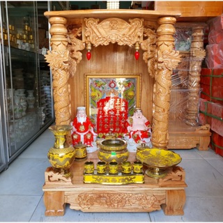 COMBO bộ bàn thờ thần tài ông địa gỗ xoan ngang 56cm quỳ trụ màu vàng chanh