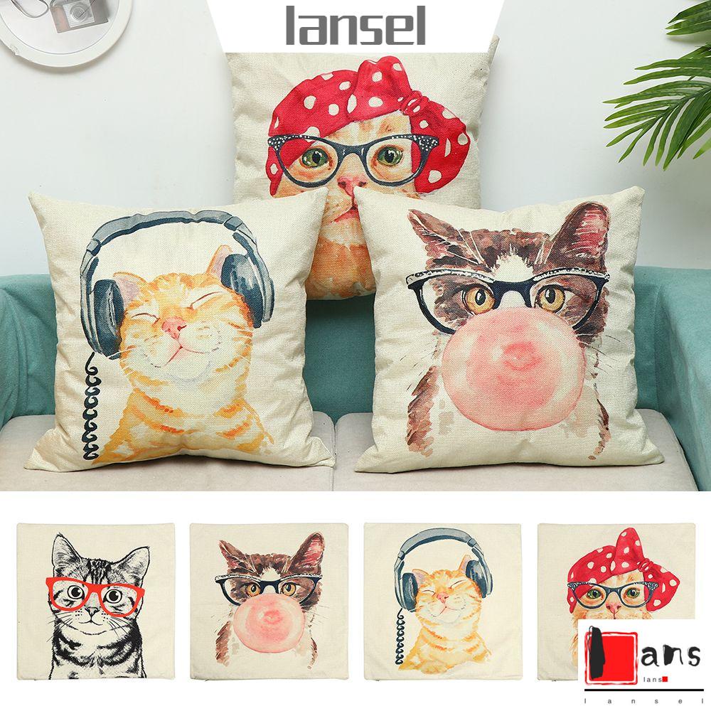 ❤LANSEL❤ Sofa Cushion Cover Home Decoration Pillow Case Pillowcase Cute Cat Children Room Pet Animal Print Linen Lovely Pillow Covers
