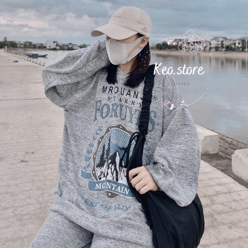 Đồ bộ nữ, Set đồ dài tay màu xám chất nỉ mùa đông phong cách Hàn Quốc Ulzzang dành cho nữ dáng unisex thể thao cá tính