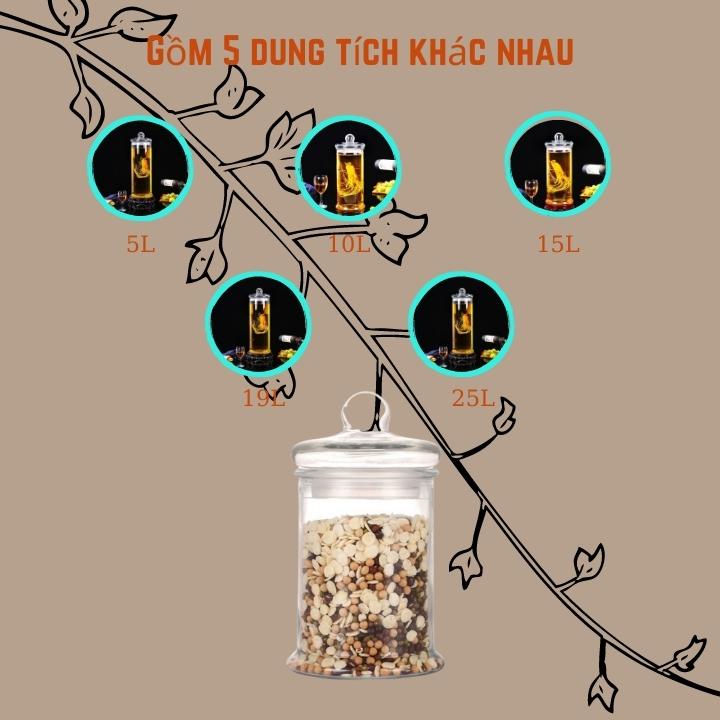 Bình thủy tinh ngâm rượu trụ trơn 💥5L-10L-15L-19L-25L💥 nắp đậy có zoăng không vòi thích hợp ngâm sâm