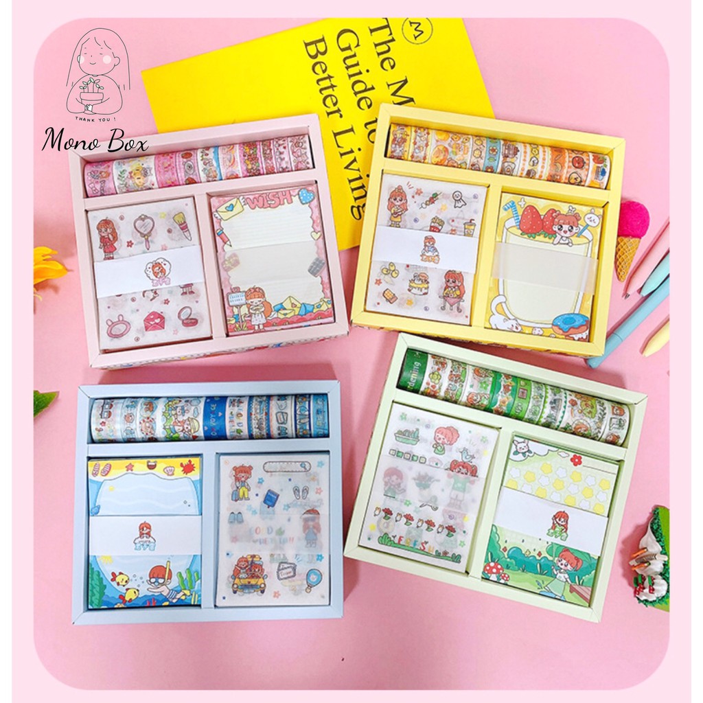 Combo sticker dán 10 tờ, 10 cuộn washi tape, 30 tờ giấy note hoạt tiết cô gái ngọt ngào dễ thương Mono_box CB1