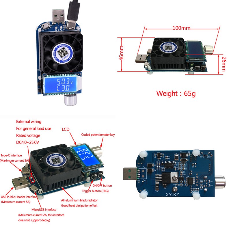 KZ25 DC4-25V Tải điện tử dòng điện không đổi 25W USB Loại C QC2.0 / 3.0 AFC FCP kích hoạt Bộ kiểm tra pin Máy đo dung lượng xả