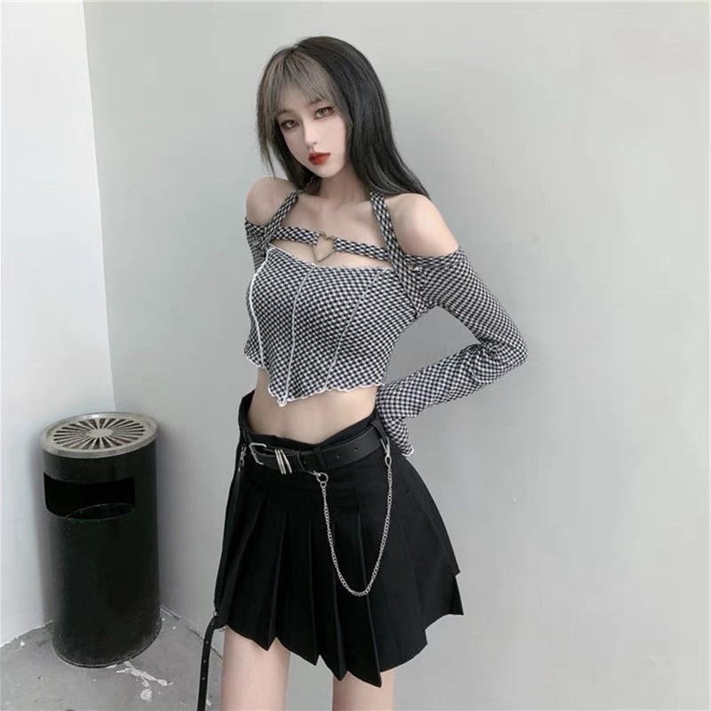 áo len dệt kim hoạ tiết caro kiểu trễ vai mix dây &amp; trái tim sexy (56305#)