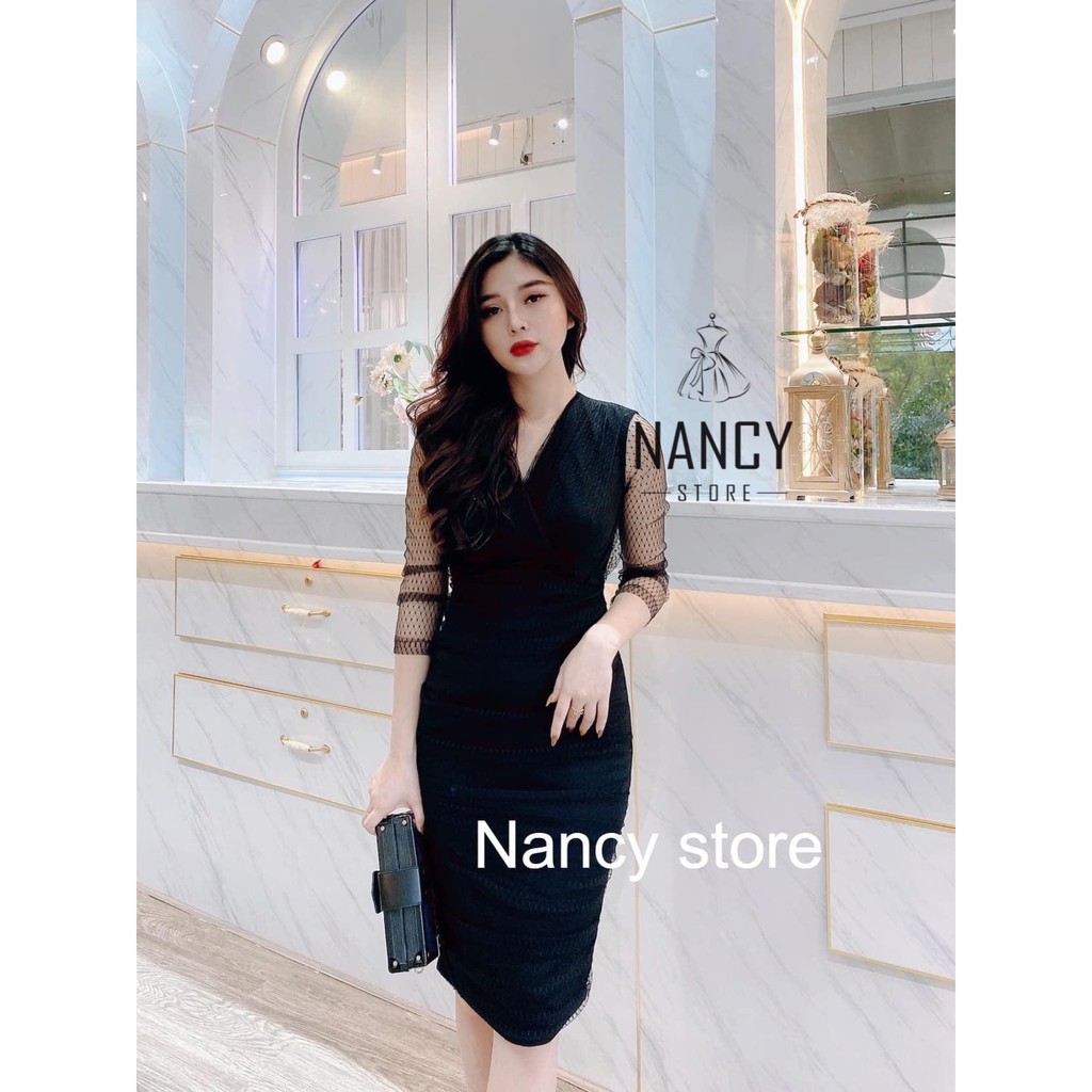 Váy body đen, trắng cổ tim phối tay và mặt trước zen cao cấp Nancy A4 | BigBuy360 - bigbuy360.vn