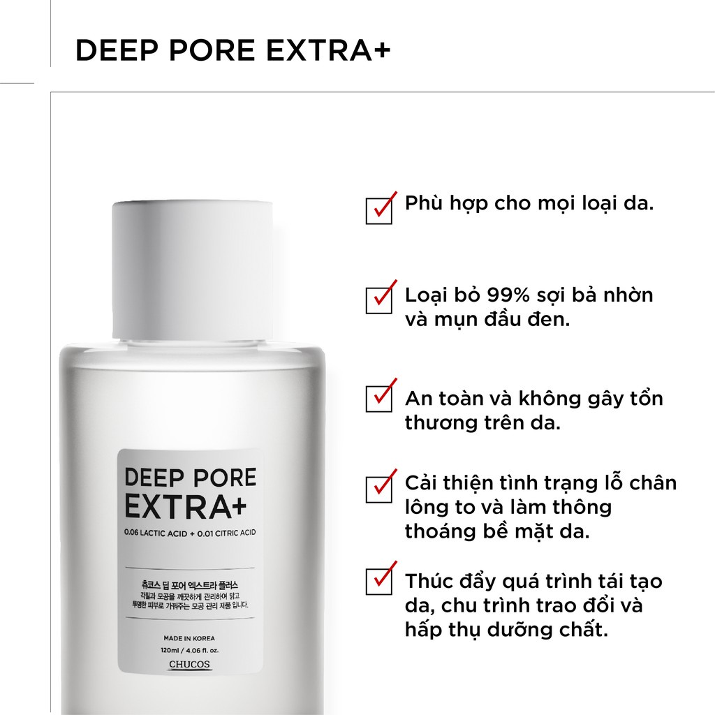 Toner đẩy mụn đầu đen, thu nhỏ lỗ chân lông Chucos DEEP PORE EXTRA+ 120ml + 35 miếng cotton ủ mụn - CAM KẾT HIỆU QUẢ