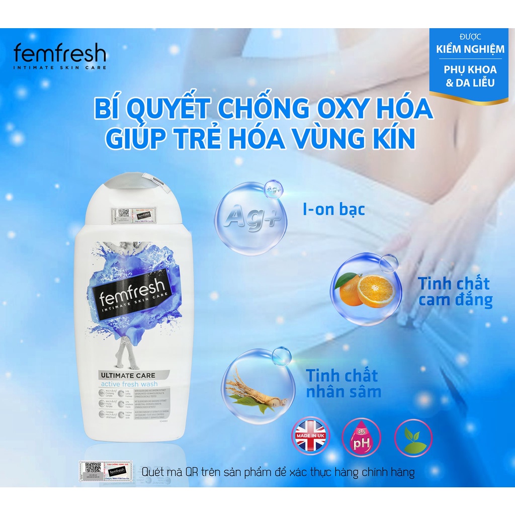 Dung Dịch Vệ Sinh Và Xịt Cho Người Ưa Vận Động Giúp Vùng Kín Sạch, Thơm, Tươi Mới Femfresh Active Fresh Wash 250ml UK