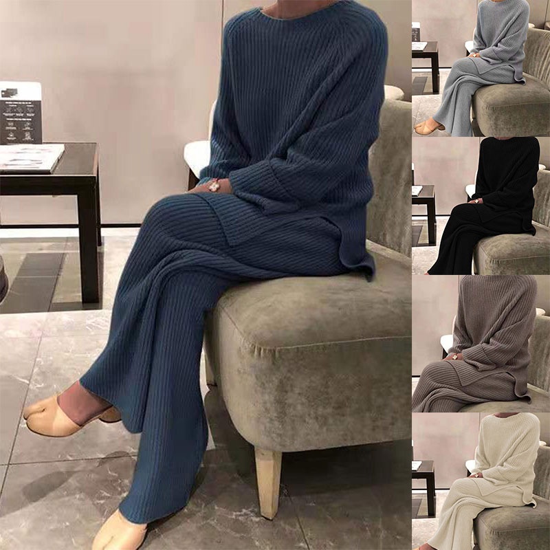 Set 2 món áo len dệt kim dài tay cổ tròn màu trơn + quần ống rộng thời trang nữ
