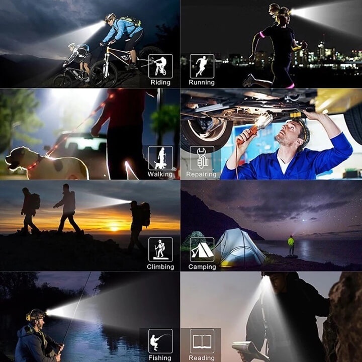 Đèn Pin LED đội đầu cảm biến bằng tay, Đèn pha LED chống nước kèm sạc USB