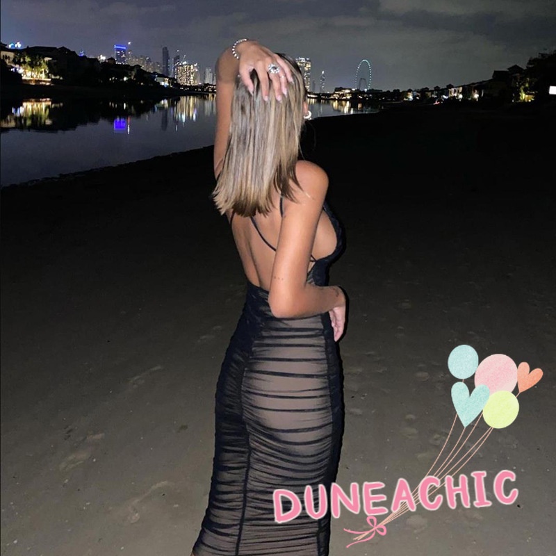 Đầm dự tiệc DUNEA hai dây cổ chữ V phối lưới hở lưng thiết kế quyến rũ cho nữ