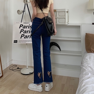 Quần jean ống rộng dáng suông co giãn lưng cao khoét lỗ hình trái tim thêu họa tiết thời trang mùa hè cho nữ