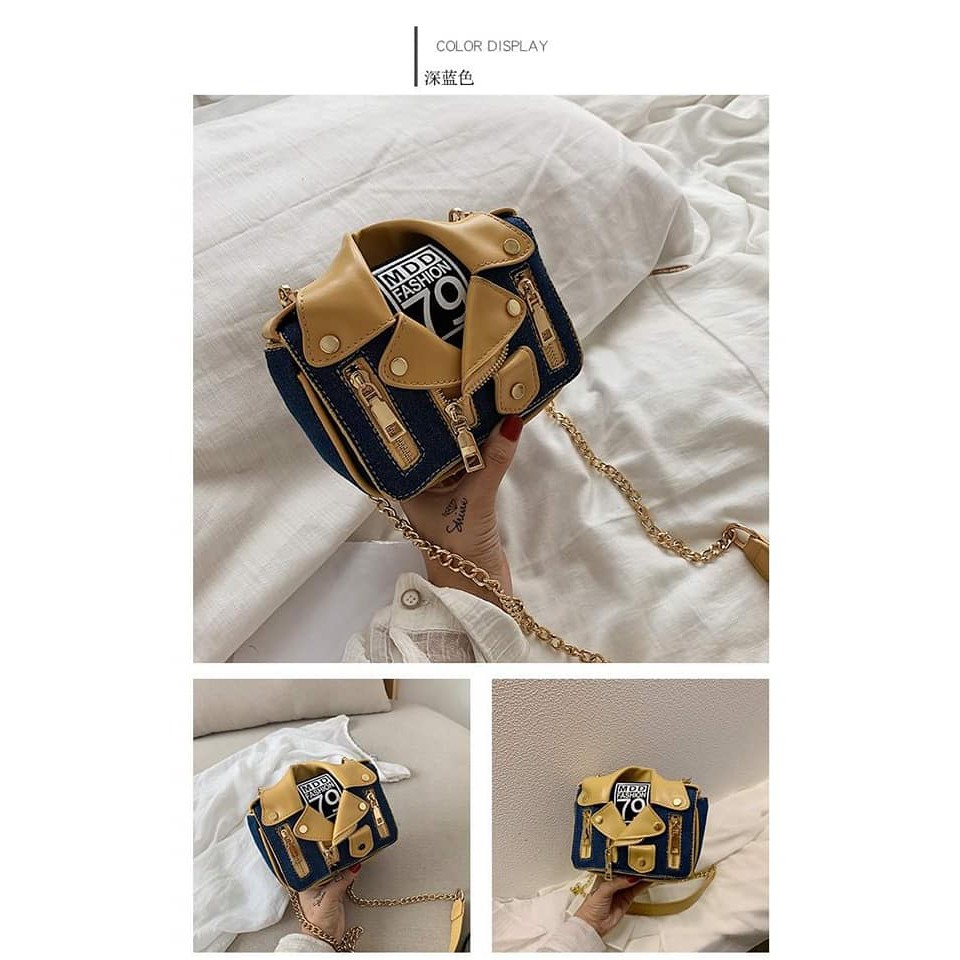 Túi đeo chéo DAPHNE xuất xịn dây xích kiểu áo khoác Denim Jacket xanh đậm, xanh nhạt trang trí độc lạ