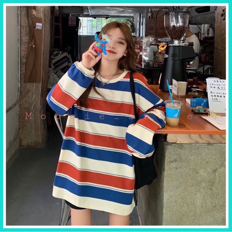 Áo thun tay dài hoạ tiết kẻ ngang tay dài phong cách Hàn Quốc