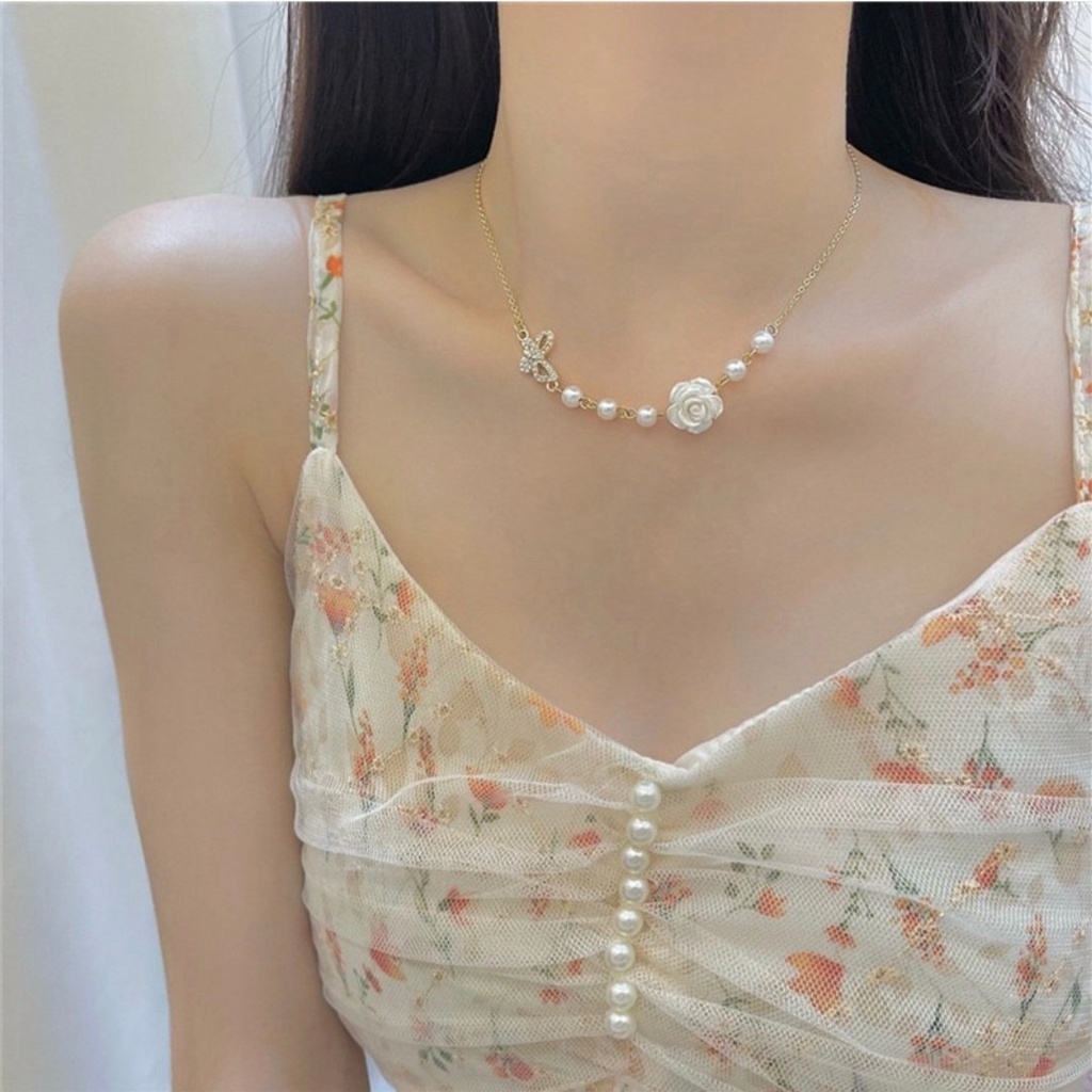 𝑭𝑹𝑬𝑬𝑺𝑯𝑰𝑷  Vòng cổ dây chuyền nữ kiểu dáng thanh lịch hoa hồng trắng phong cách xinh xắn nhẹ nhàng P35