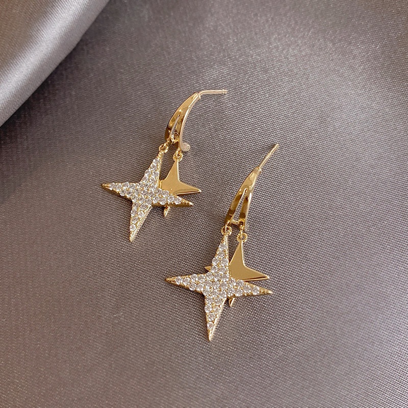 Bông Tai Mạ Bạc 925 Hình Ngôi Sao Đính Kim Cương Thời Trang Hàn Quốc