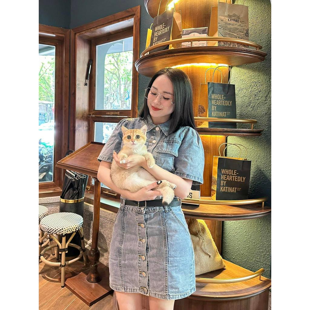 Set đồ nữ jeans cộc tay chun eo chân váy hàng khuy 8868