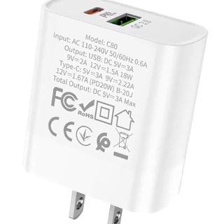 Cốc sạc nhanh Hoco C80 18W (QC 3.0, PD) 2 cổng sạc cho Iphone và Android (chính hãng,BH 6T)