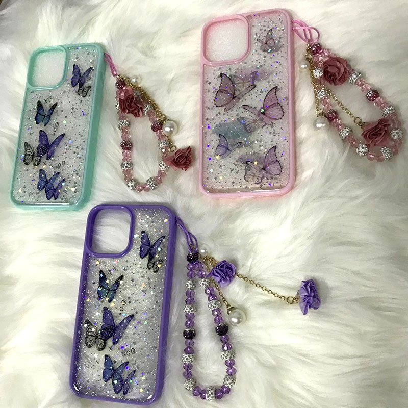 Ốp Điện Thoại Kim Tuyến Hình Bướm Có Dây Đeo Cho iPhone 13 12 11 Pro Max Mini XS Max XR X 6 7 8 Plus SE 2020