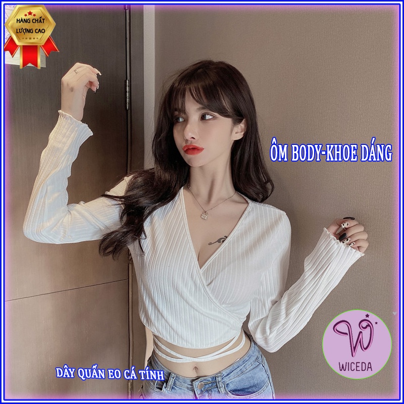 Áo croptop dài tay ôm body dây quấn eo xinh , áo kiểu crt chất len cotton 2 màu đen trắng Wiceda AD366
