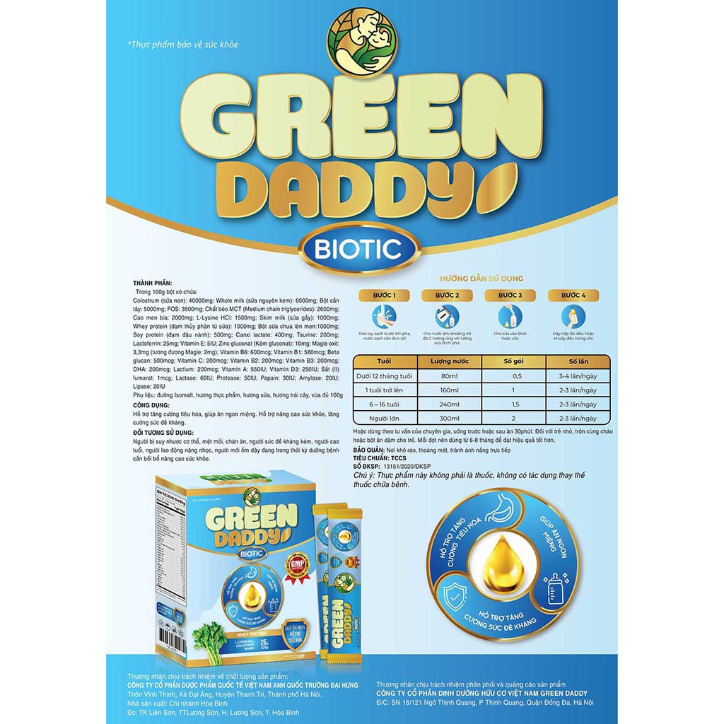 Sữa Non Green Daddy Biotic - [COMBO 2 HỘP] Sữa Non Cho Bé Táo Bón, Tiêu Hóa Kém Tặng 1 Balo và sản phẩm bổ trợ